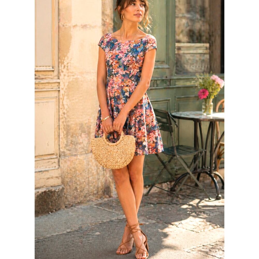 Betsey Johnson 6 Floral Print Fit&Flare Mini Dress $179 Cap Sleeves Pink NWT